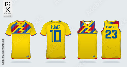 Yellow t-shirt sport design template for soccer jersey, football kit and tank top for basketball jersey. Sport uniform in front and back view. Sport shirt mock up for sport club. Vector Illustration.