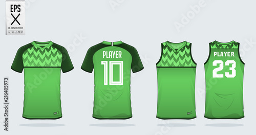 Green t-shirt sport design template for soccer jersey, football kit and tank top for basketball jersey. Sport uniform in front and back view. Sport shirt mock up for sport club. Vector Illustration.