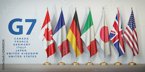 G7 summit or meeting concept. Row from flags of members of G7 group of seven and list of countries, photo