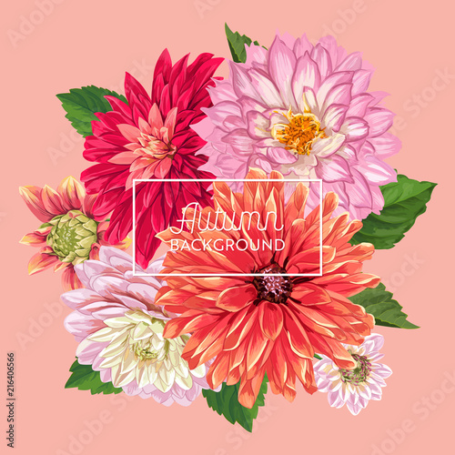 Hello Autumn Floral Design. Seasonal Fall Floral Background for Web Banner, Poster, Leaflet, Sale, Promo, Print. Watercolor Asters Flowers. Vector illustration