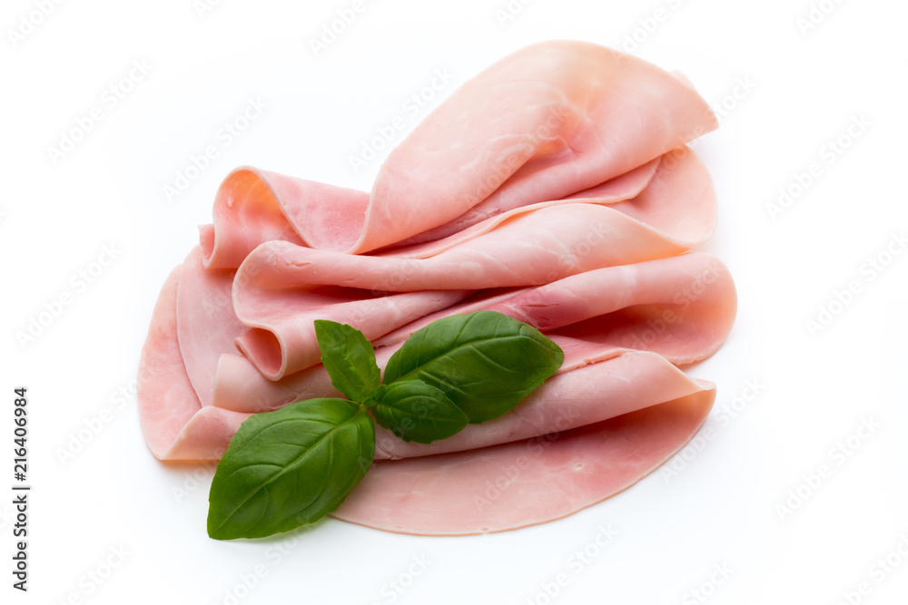 Sliced boiled ham sausage isolated on white background, top view. Sliced boiled ham sausage isolated on white background, top view.