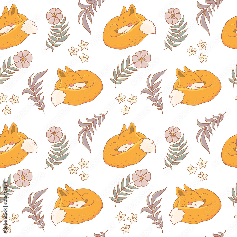 Fototapeta premium Seamless pattern with cute sleep fox and forest flowers, fall leaves and branches. Autumn background.