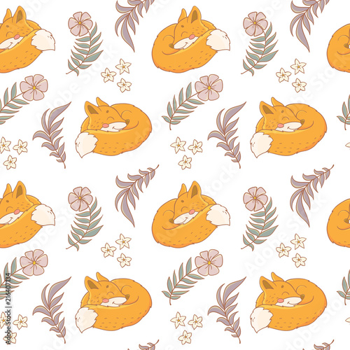 Seamless pattern with cute sleep fox and forest flowers  fall leaves and branches. Autumn background.