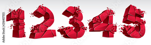 3D realistic red numbers set 1 2 3 4 5 vector illustration, breaking to pieces digits over white symbols collection.