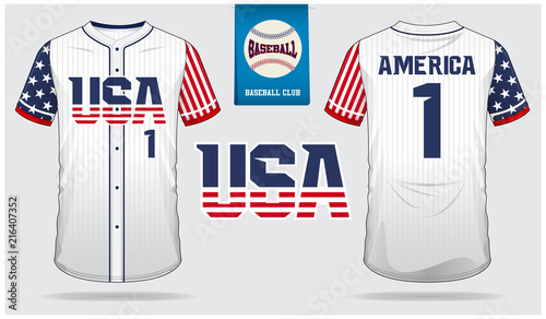 USA Baseball jersey, sport uniform, raglan t-shirt sport, short, sock template. Baseball t-shirt mock up. Front and back view baseball uniform. Flat baseball logo on blue label. Vector Illustration.