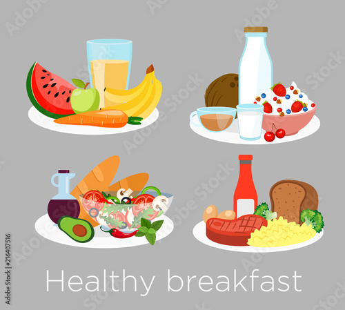 Vector illustration set of different types of healthy breakfast food in cartoon style. Lunch coffee, porridge,orange and morning nutrition, delicious fruits, bread.