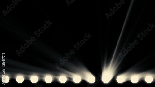 Animation of stage lights frame. Bright shiny stage lights flashing movement entertainment spotlight projectors in the dark, blue soft light spotlight strike on black background. Spotlights and photo