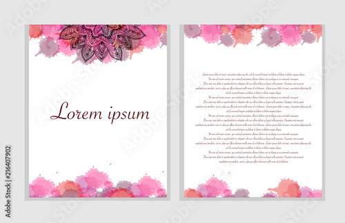 Flyers, banners template set with mandala ornament. Vector brochure with violet watercolor splashes. Ottoman, arabic, oriental, turkish, indian, pakistan motif.