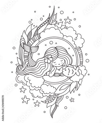 Portrait of dreamy lying mermaid with flower in her hair. Page for coloring book, greeting card, print, t-shirt, poster. Hand-drawn outline vector illustration.
