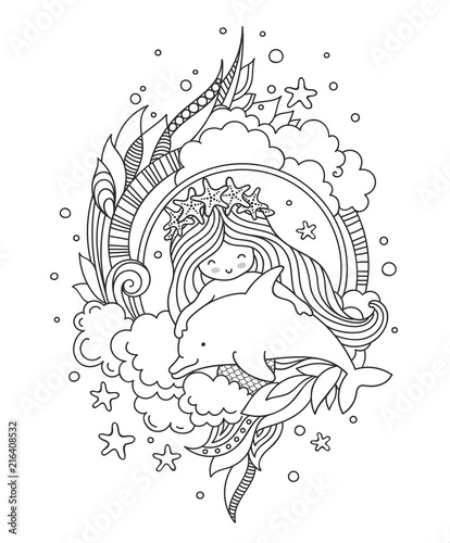 Little mermaid in a wreath of starfish, with cute dolphin, surrounded by clouds, seaweed. Page for coloring book, greeting card, print, t-shirt, poster. Hand-drawn outline illustration.