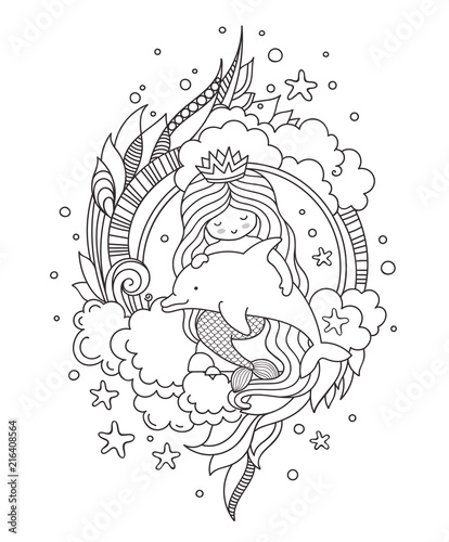 Stylized round composition with mermaid, sitting on a rock, holding fish. Page for coloring book, greeting card, print, t-shirt, poster. Hand-drawn outline vector illustration.