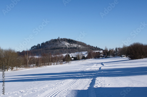 Blick zum Geisingberg mit Luisenturm im Winter