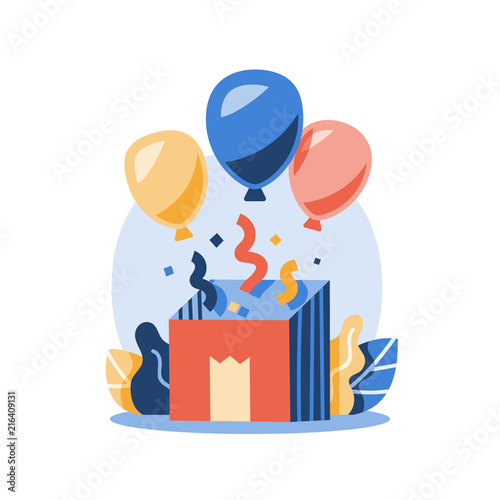 Birthday celebrating, opened gift box with air balloons and confetti, surprising present, children party event, delight concept