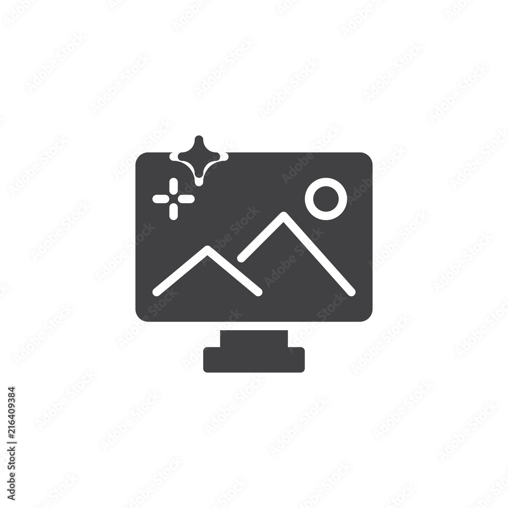 Landscape on monitor vector icon. filled flat sign for mobile concept and web design. TV with the picture simple solid icon. Symbol, logo illustration. Pixel perfect vector graphics Landscape on monitor vector icon. filled flat sign for mobile concept and web design. TV with the picture simple solid icon. Symbol, logo illustration. Pixel perfect vector graphics