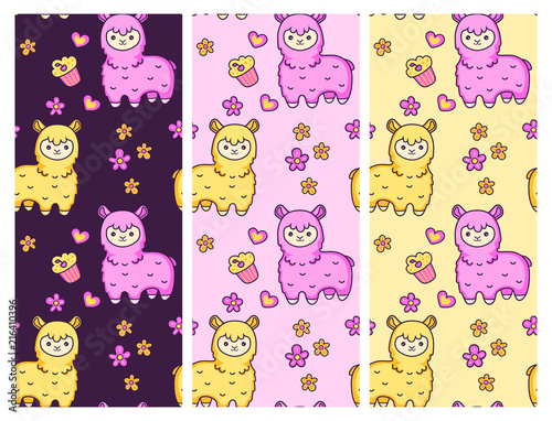Wallpaper Mural Seamless vector patterns with cute alpacas on different backgrounds. Design for fabric, wallpaper, textile, decor, postcard, paper. Torontodigital.ca