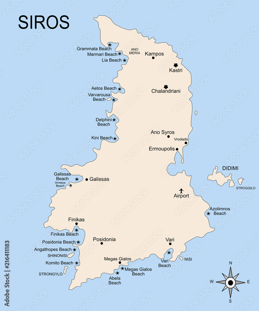The geography map of Syros island, in the archipelago of the Cyclades islands. There is indicated the position of towns and beaches.