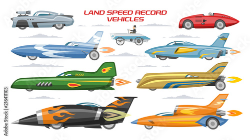 Record speed car vector landspeed automobile and fast vehicle transport on autoshow illustration machinery set of modern auto motorshow and land speedrecord machine isolated on white background