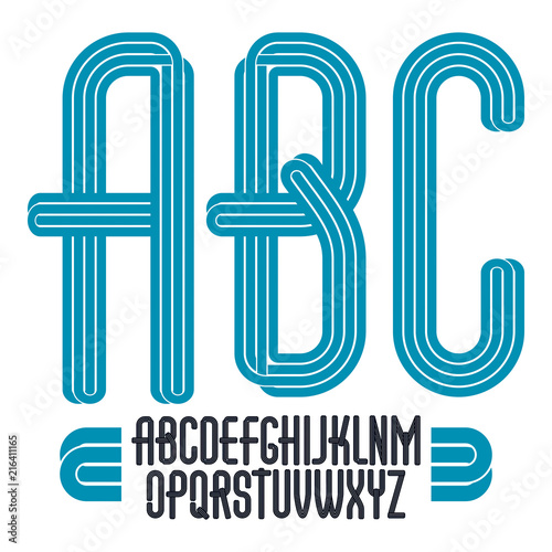 Set of bright vector tall upper case funky English alphabet letters with parallel lines, for use as retro poster design elements for fun club or concert advertising.