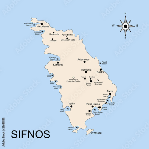 The geography map of Sifnos island, in the archipelago of the Cyclades islands. There is indicated the position of towns and beaches.