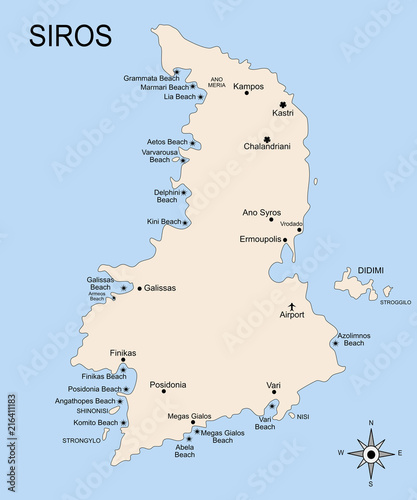 The geography map of Syros island  in the archipelago of the Cyclades islands. There is indicated the position of towns and beaches.