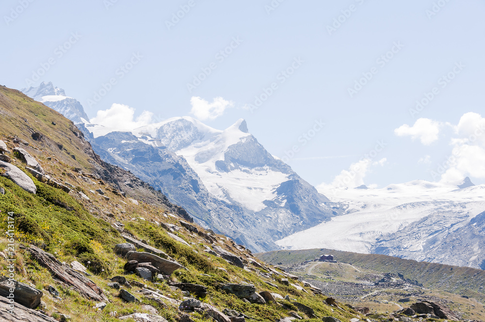 Zermatt, Adlerhorn, Strahlhorn, Findelgletscher, Fluhalp, Blauherd, Wanderweg, Stellisee, Alpen, Wallis, Walliser Berge, Sommer, Schweiz
