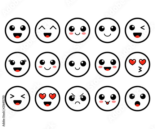 Set of emoji. Kawai outline faces. Cute moticons. Flat smileys. Vector illustration photo