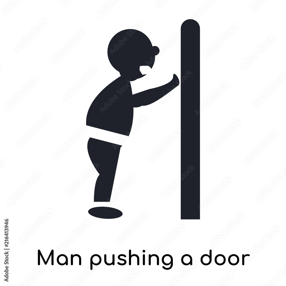 Man pushing a door with his body icon vector sign and symbol isolated on white background, Man pushing a door with his body logo concept