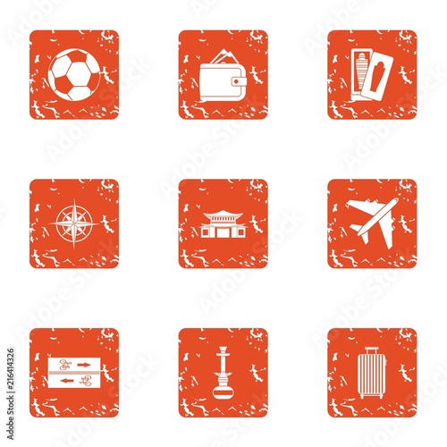 Tour flight icons set. Grunge set of 9 tour flight vector icons for web isolated on white background