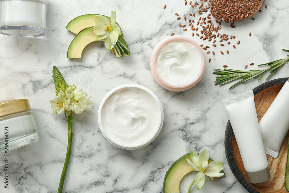 Beautiful composition with cosmetics on light background, flat lay