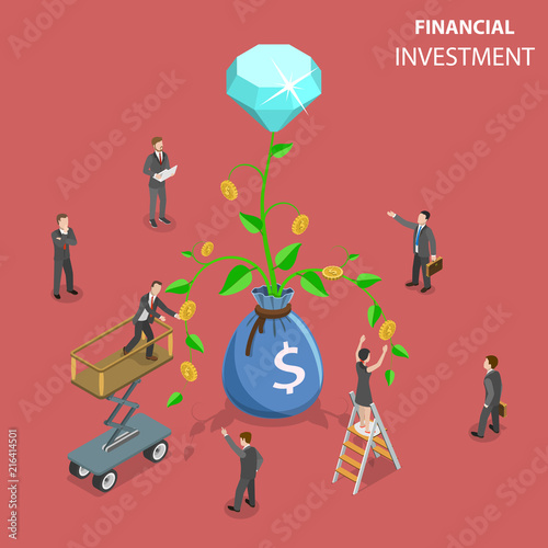 Flat isometric vector concept of financial investment, marketing analysis, investing opportunity.