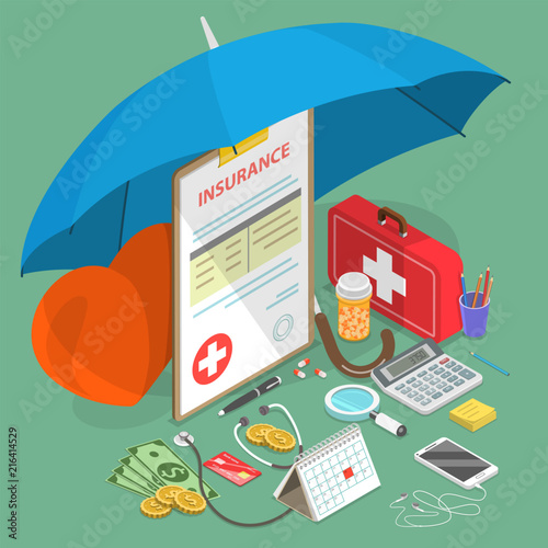 Flat isometric vector concept of health insurance, medical care, prescription medications.