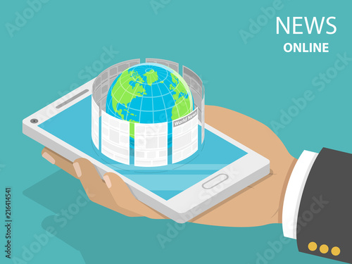 Flat isometric vector concept of online breaking news, mobile newspaper reading, worldwide media.