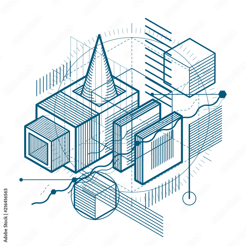 Fototapeta premium Abstract vector background with isometric lines and shapes. Cubes, hexagons, squares, rectangles and different abstract elements.