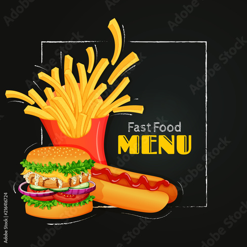 Fast food menu template. Colorful burger, french fries and hot dog with chalk outlines on a blackboard.
