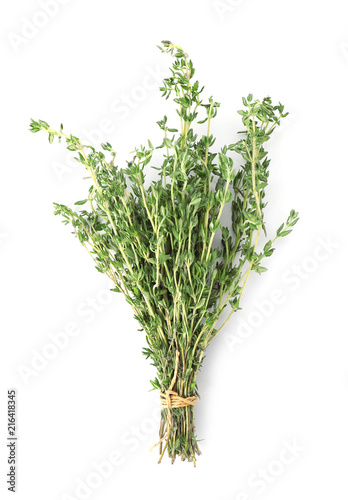Bunch of thyme on white background, top view. Fresh herb