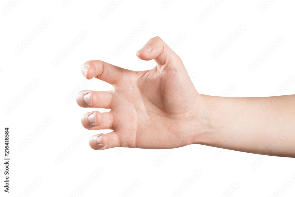 Male hand holding or grabbing something, isolated on white background Male hand holding or grabbing something, isolated on white background
