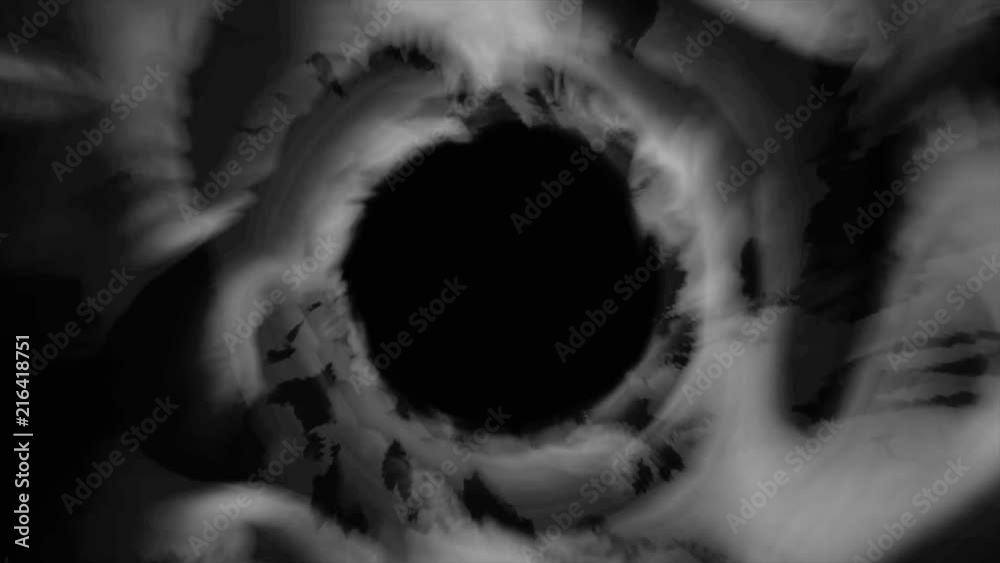 Flying through black hole tunnel,power energy release,spectacular science fiction scene. Loop animation with wormhole interstellar travel through a blue force field on a grid with galaxies and stars
