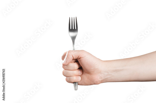 Hand holding a fork  isolated on white background