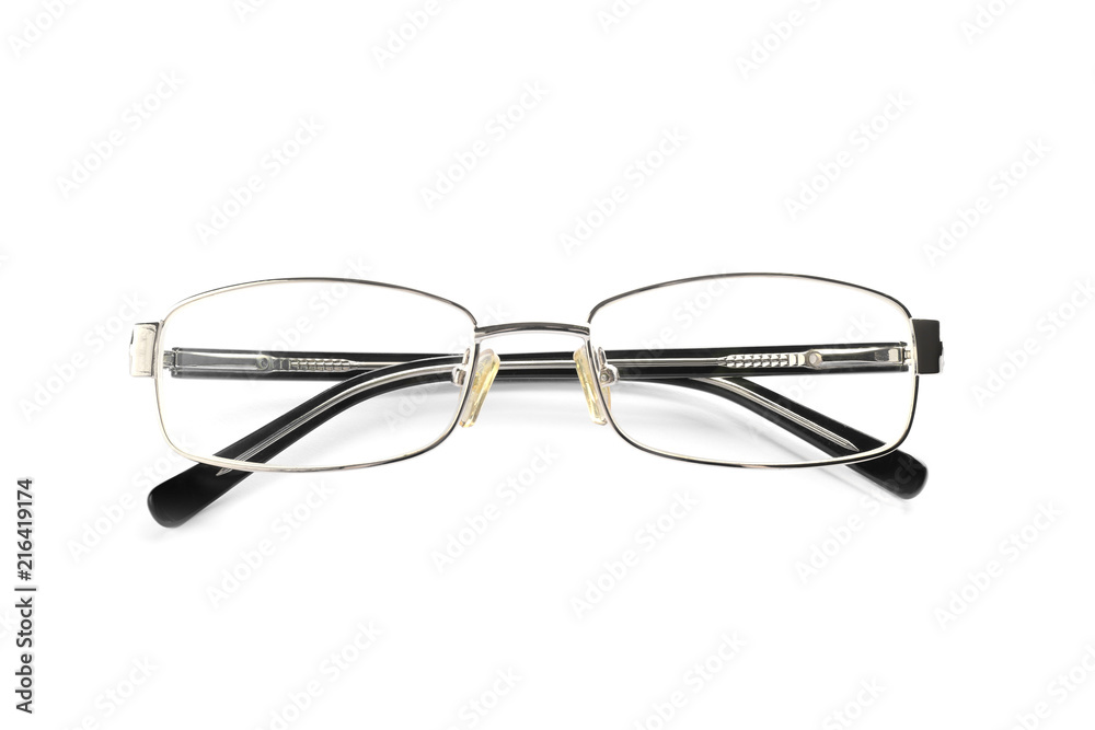 Glasses with corrective lenses on white background. Vision problem