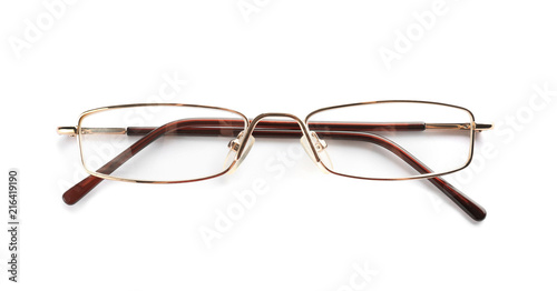 Glasses with corrective lenses on white background. Vision problem