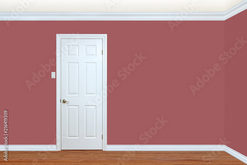 Bedroom wall and corner with door, baseboard and crown molding.
