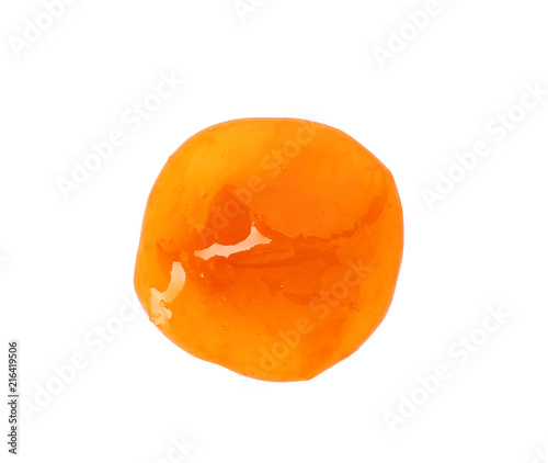 Tasty apricot jam on white background, top view