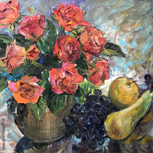 Foto Drawing of tasty fruits on plate and roses