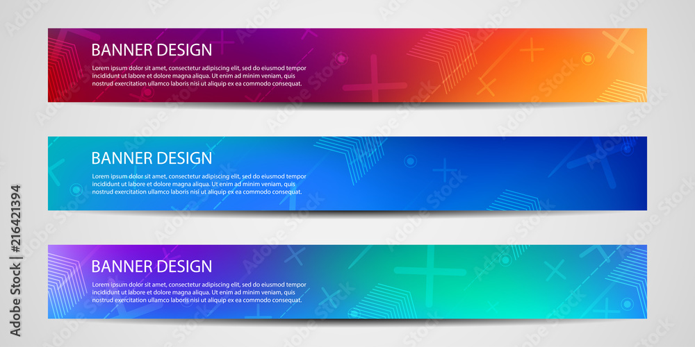 Banners with geometric pattern.Colorful halftone gradients. Vector illustrations