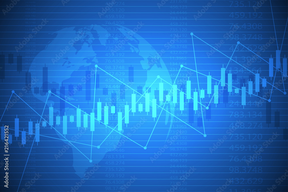 Business chart with uptrend line graph, bar chart and stock market on blue color background