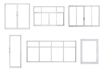 Real modern windows set isolated on white background, various office frontstore frames collection for design, exterior building aluminium facade element