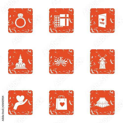 Honeymoon trip icons set. Grunge set of 9 honeymoon trip vector icons for web isolated on white background