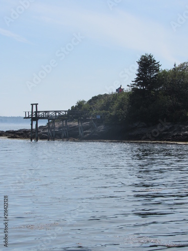 View of Hendricks Head Lighthouse in Southport, Maine behind trees and plants in the summer  photo