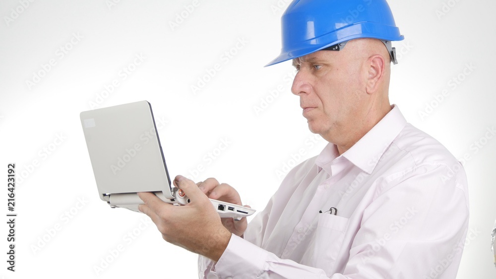 Businessperson Image Wearing Hardhat Work Using Laptop Wireless Communication Businessperson Image Wearing Hardhat Work Using Laptop Wireless Communication