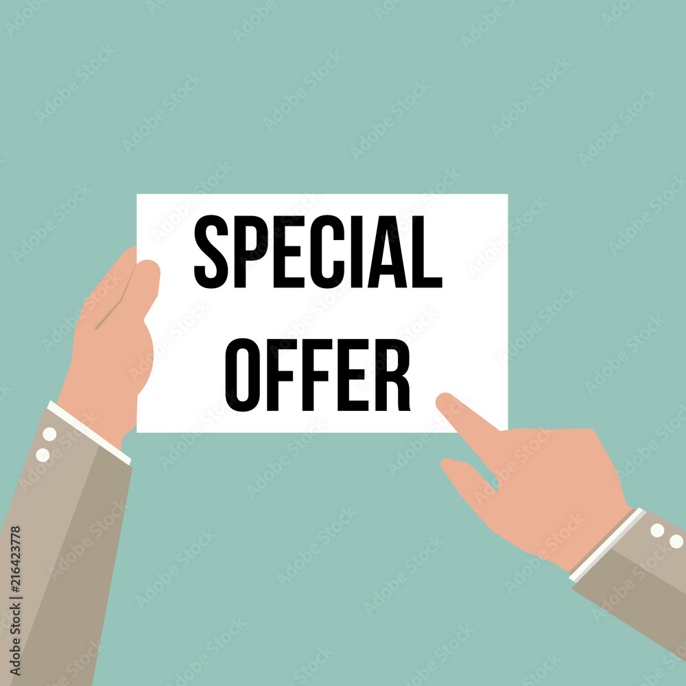 Man showing paper SPECIAL OFFER text Man showing paper SPECIAL OFFER text